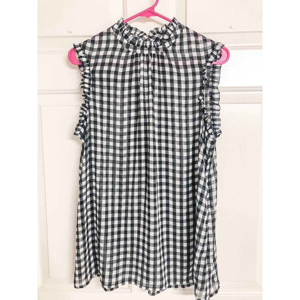 Black & white gingham ruffle neck blouse